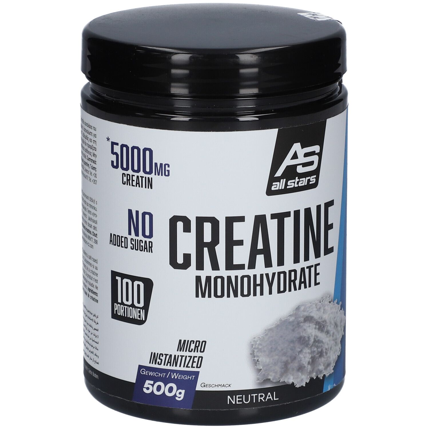 Pot noir "Creatine Monohydrate" All Stars. Contient 500g, 100 portions, 5000mg créatine, sans sucre ajouté.