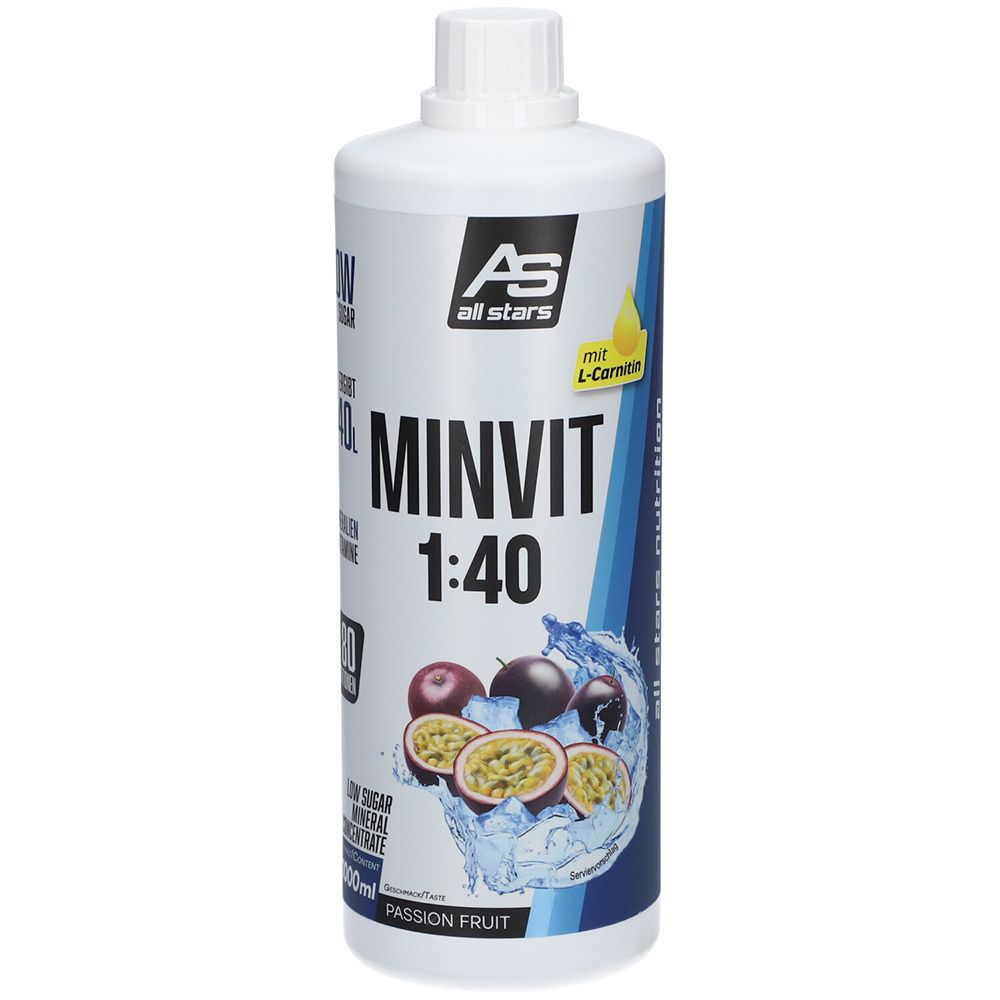 Bouteille All Stars MINVIT 1:40 concentré fruit de la passion avec L-Carnitine et fruits.