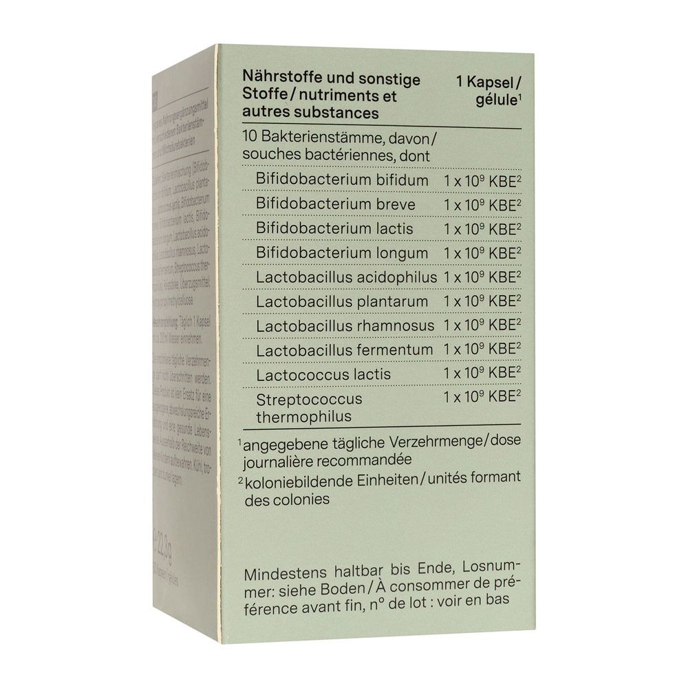 Dos de la boîte avec ingrédients de « nu3 Probiolact ». Contient 10 souches bactériennes. Date de péremption.