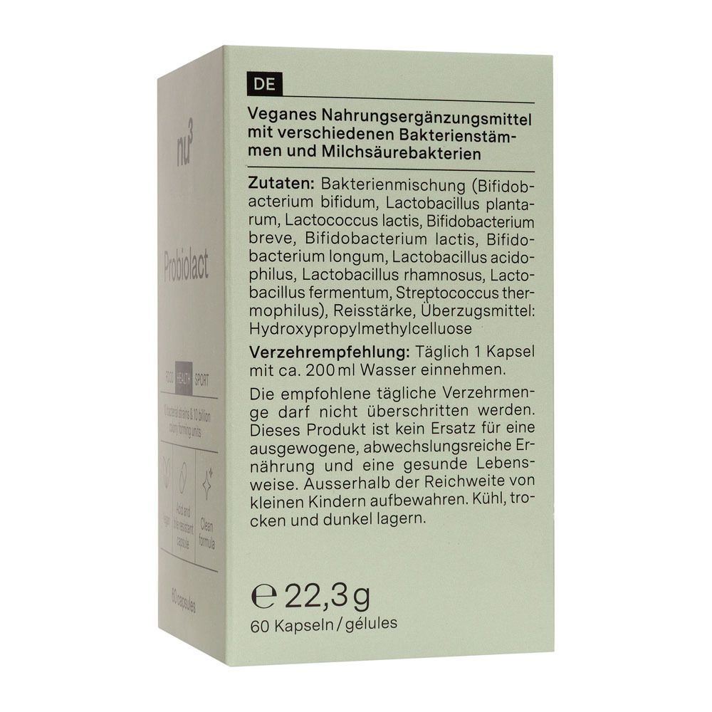 Dos de la boîte avec ingrédients de « nu3 Probiolact ». Végétalien, complément alimentaire. 60 gélules.