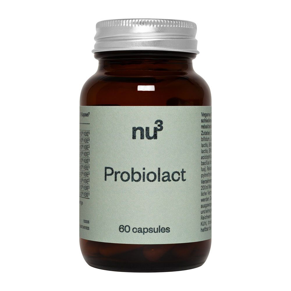 Flacon en verre brun avec couvercle argenté. « nu3 Probiolact » avec 60 gélules. Autocollant avec ingrédients.