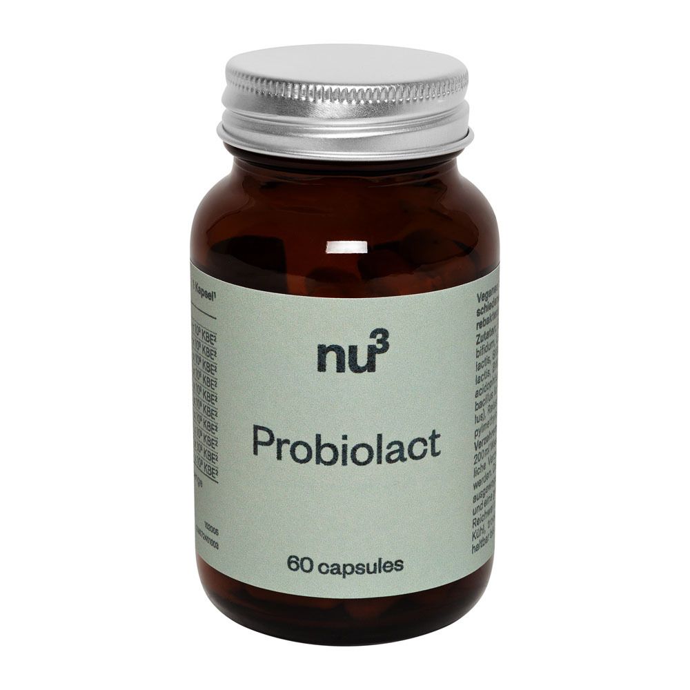 Flacon en verre brun avec couvercle argenté. « nu3 Probiolact » avec 60 gélules. Autocollant avec ingrédients.
