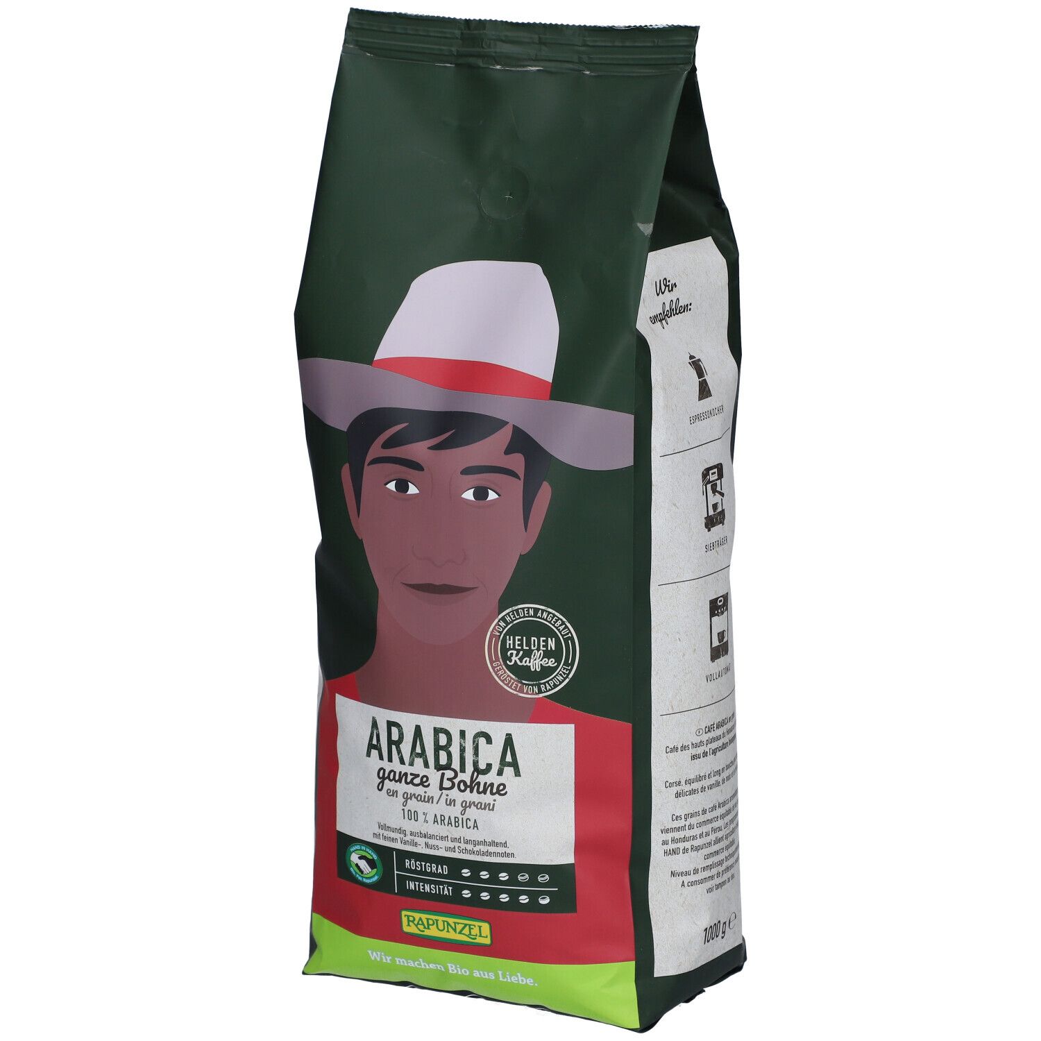 Paquet vert de grains de café Arabica. Illustration d'un homme avec un chapeau. Texte : Arabica ganze Bohne, 100% Arabica. Label bio.