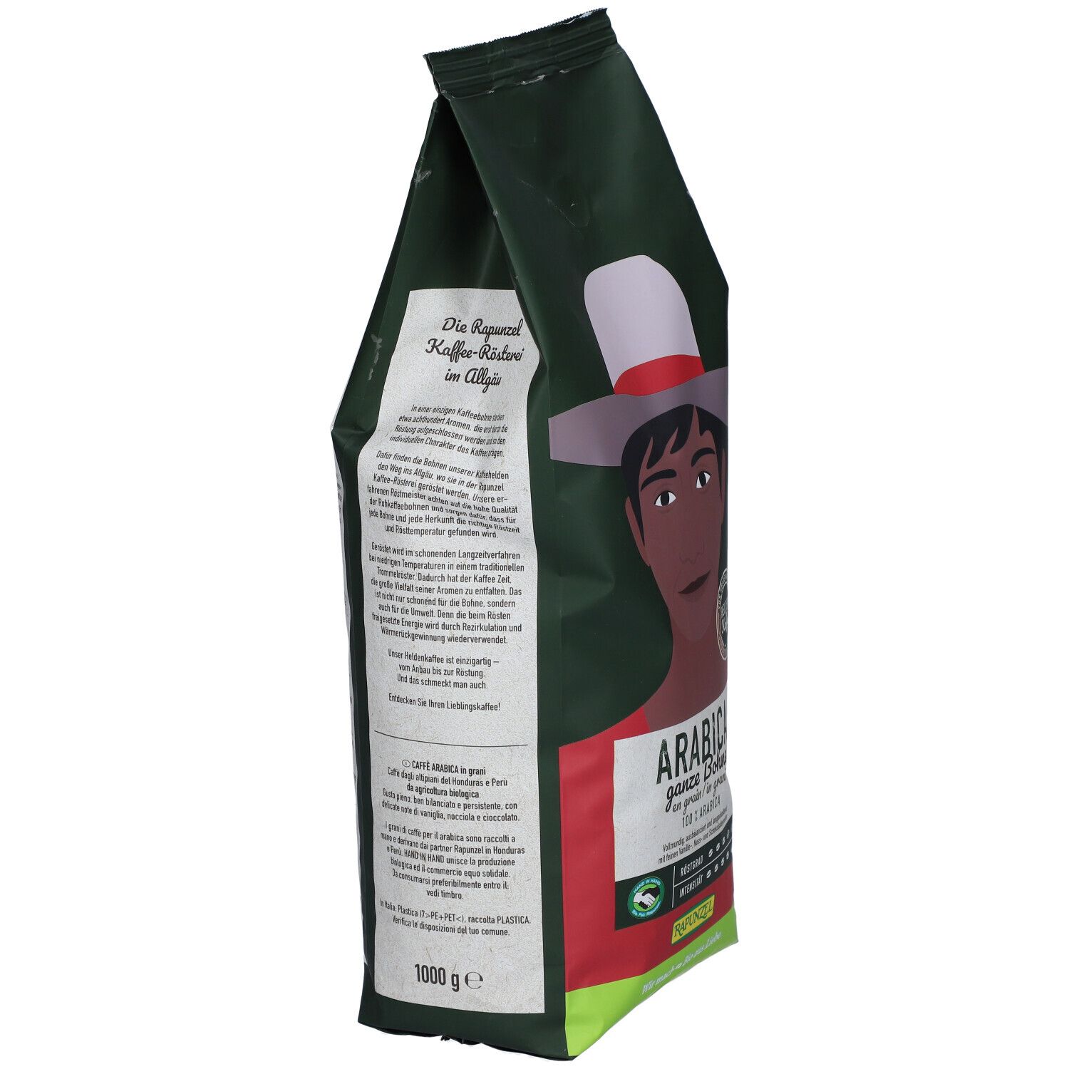 Vue latérale d'un paquet de grains de café vert. Texte : Arabica ganze Bohne, 100% Arabica. Label bio. Illustration d'un homme avec un chapeau.