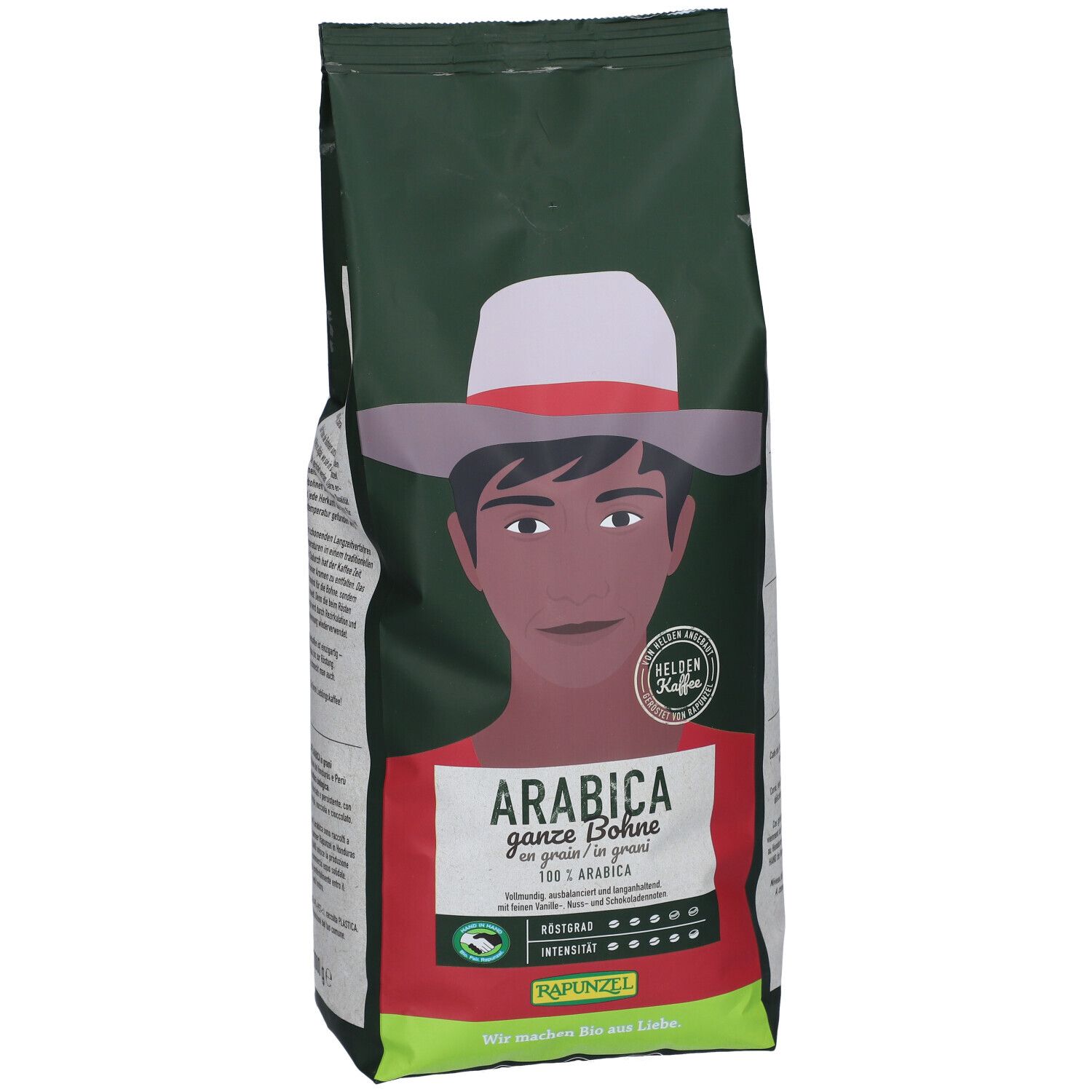Paquet vert de grains de café Arabica. Illustration d'un homme avec un chapeau. Texte : Arabica ganze Bohne, 100% Arabica. Label bio.