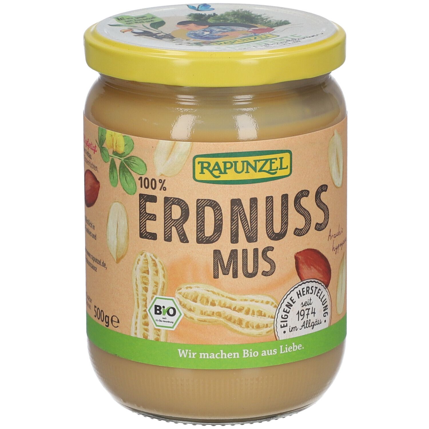 Pot de beurre de cacahuète. Inscription : RAPUNZEL, Erdnuss Mus, 500g. Label bio. Couvercle jaune.