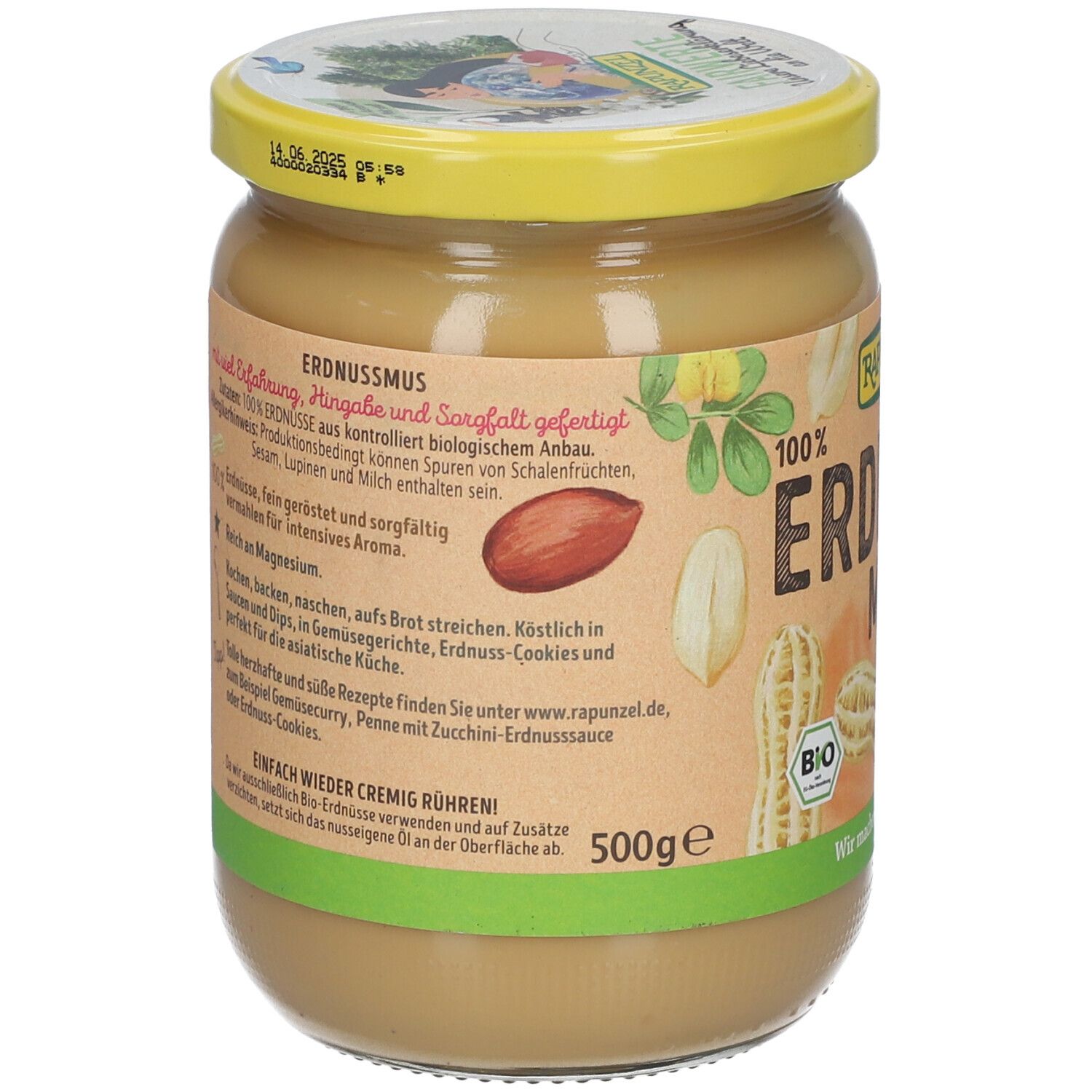 Pot de beurre de cacahuète. Texte : Erdnussmus, 500g. Label bio. Couvercle jaune. Ingrédients.