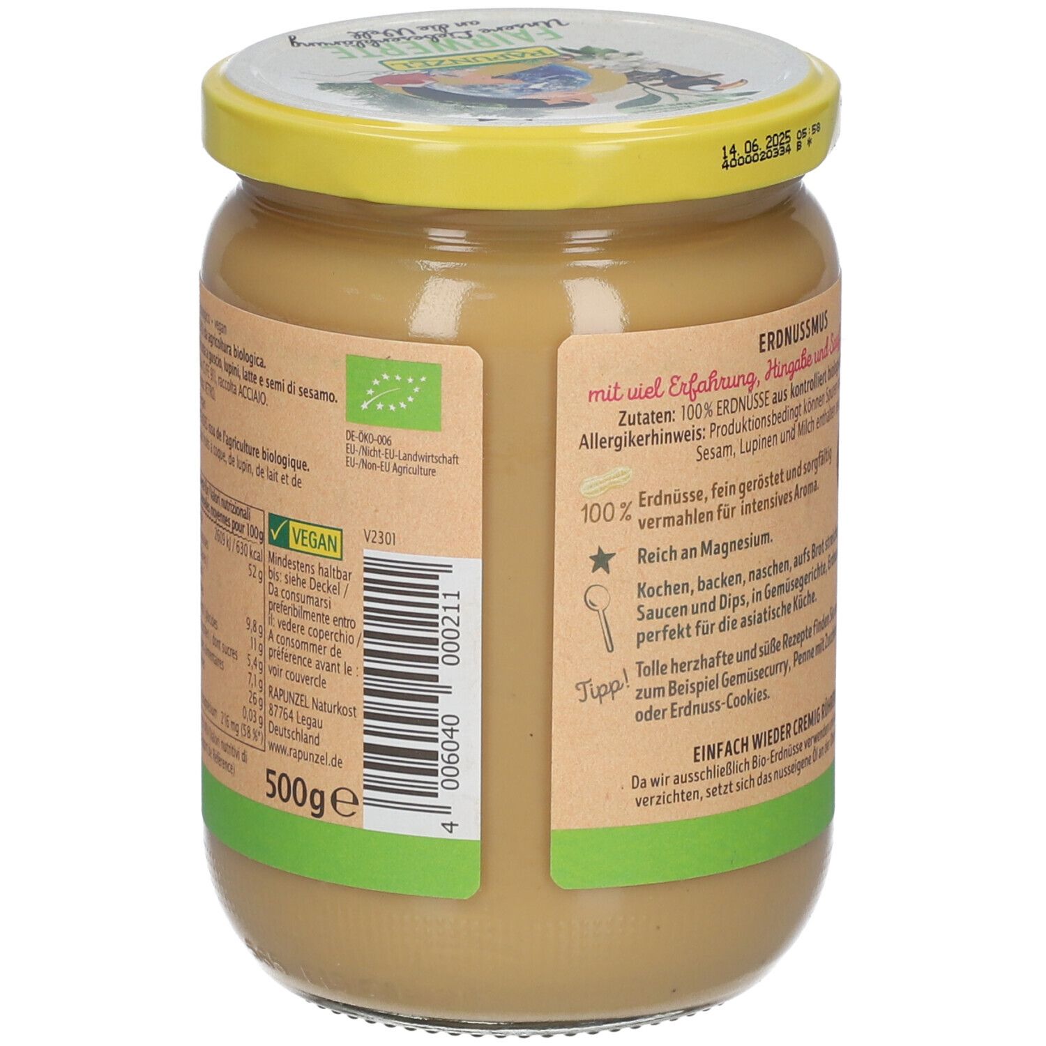 Dos d'un pot de beurre de cacahuète. Texte : Ingrédients, valeurs nutritionnelles, label bio, 500g. Couvercle jaune.