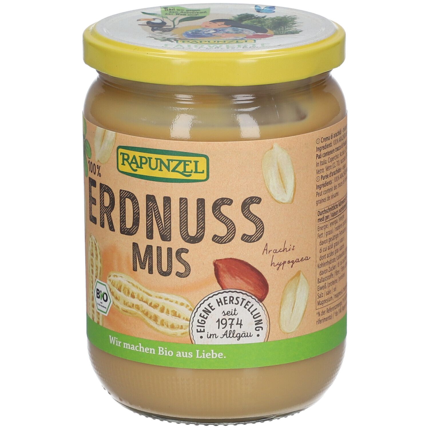 Pot de beurre de cacahuète. Inscription : RAPUNZEL, Erdnuss Mus. Label bio. Couvercle jaune.