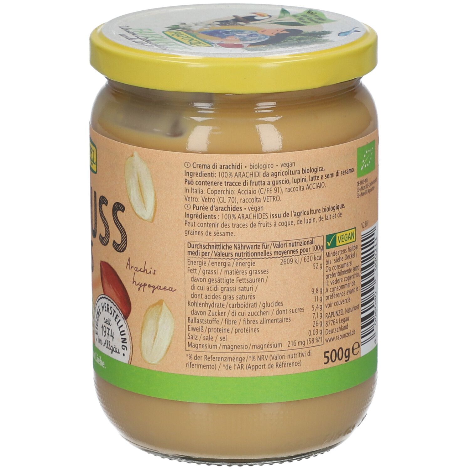 Dos d'un pot de beurre de cacahuète. Texte : Ingrédients, valeurs nutritionnelles, label bio, 500g. Couvercle jaune.