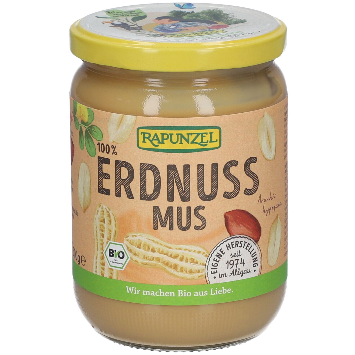 Pot de beurre de cacahuète. Inscription : RAPUNZEL, Erdnuss Mus. Label bio. Couvercle jaune.