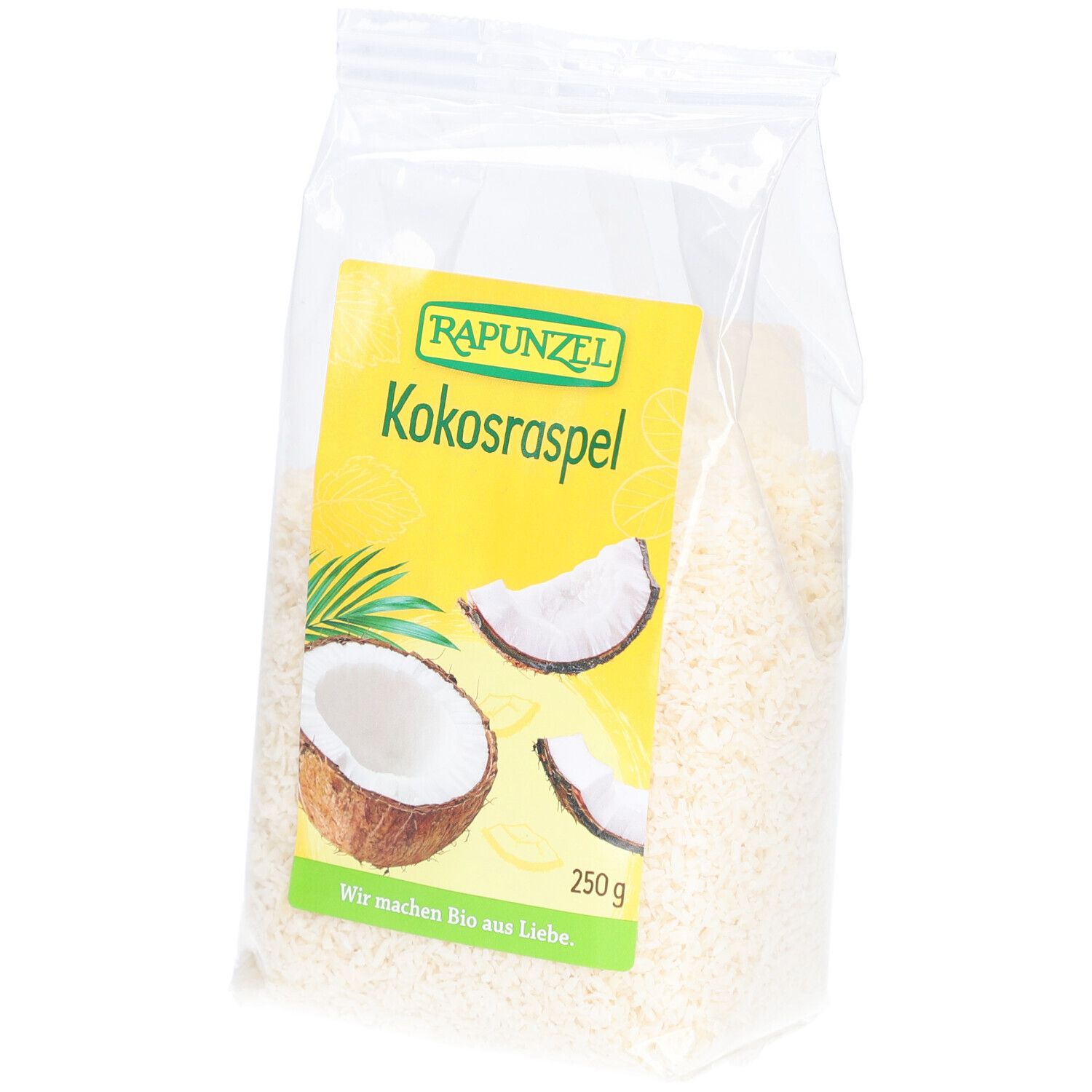 Sachet transparent de copeaux de noix de coco. Étiquette avec logo et nom du produit : Kokosraspel. Illustration d'une noix de coco.