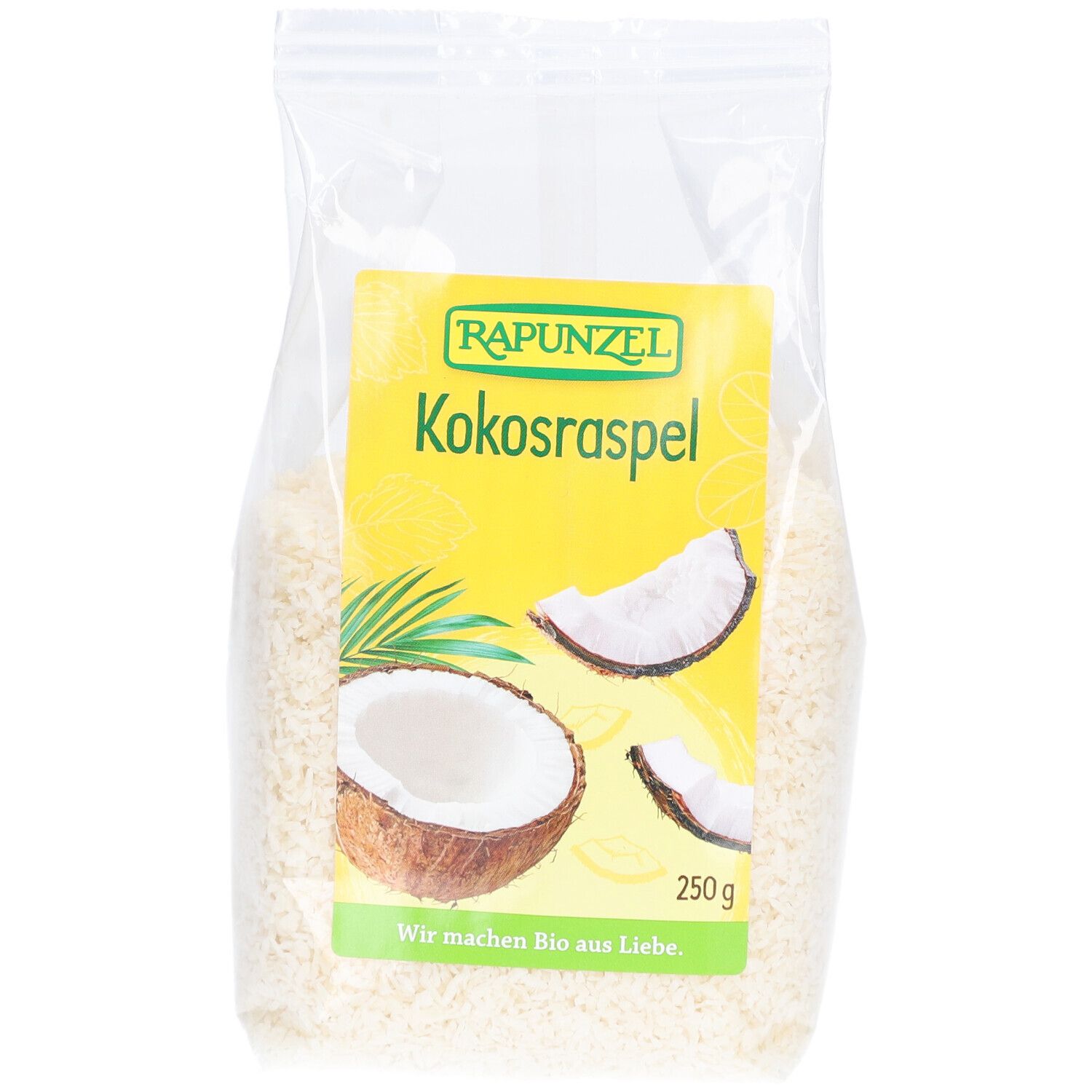 Sachet transparent de copeaux de noix de coco. Étiquette avec logo et nom du produit : Kokosraspel. Vue de face.