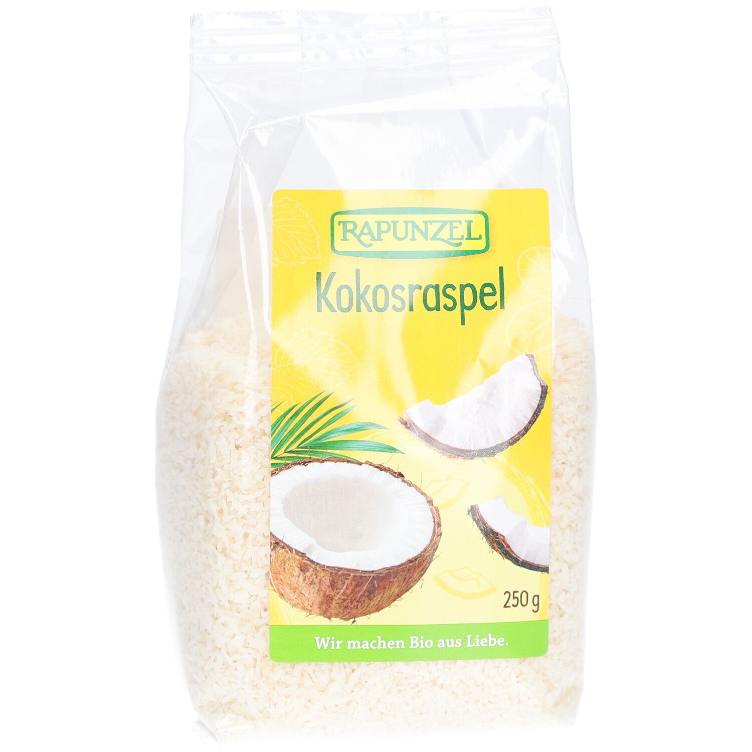 Sachet transparent de copeaux de noix de coco. Étiquette avec logo et nom du produit : Kokosraspel. Vue de face.