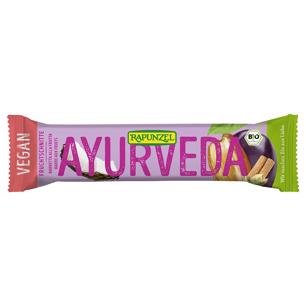 Barre de fruits emballée avec inscription Ayurveda et logo. Vegan, label bio. Illustration de fruits et d'épices.