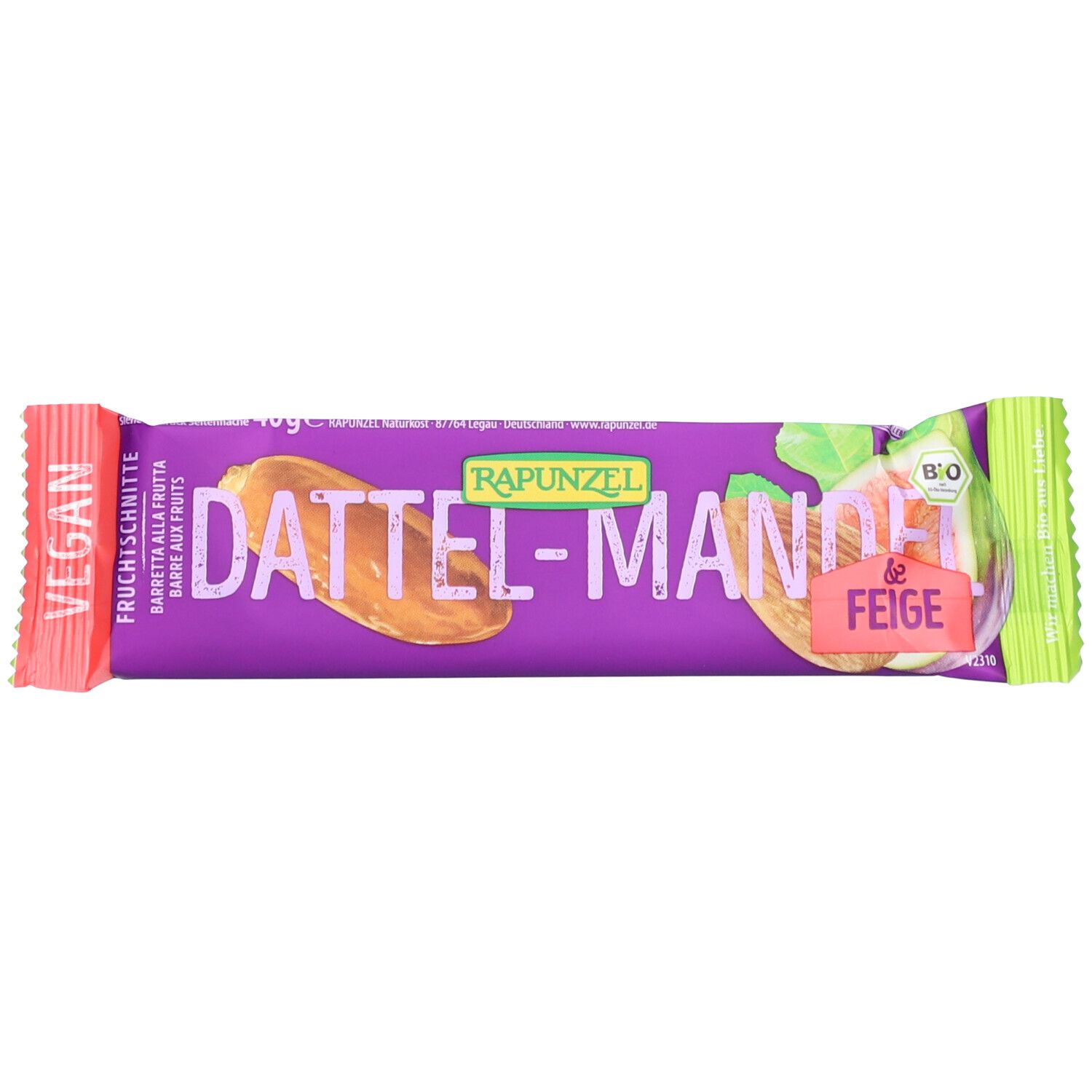 Emballage de barre de fruits. Film violet avec texte "Dattel-Mandel & Feige". Logo "Rapunzel" et label bio.