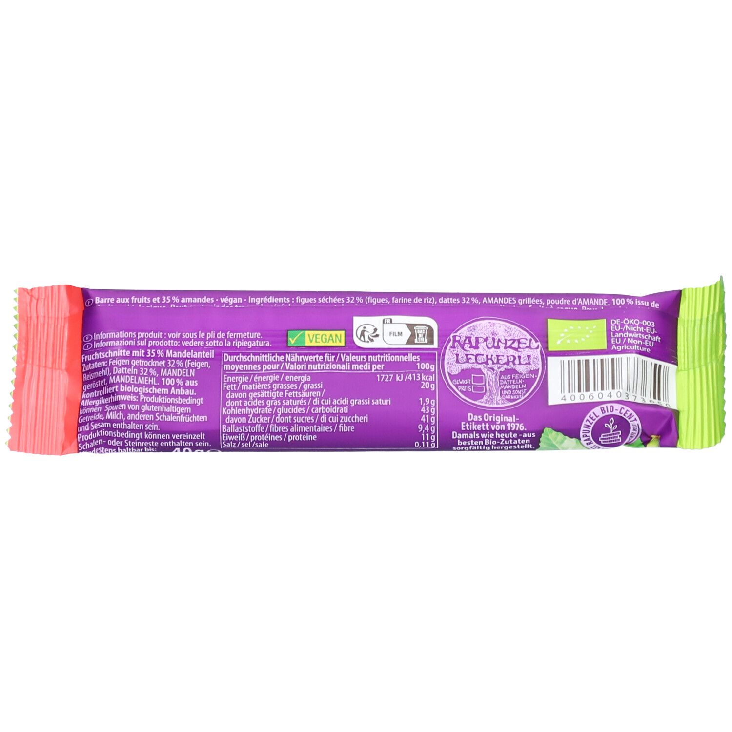 Dos de l'emballage de la barre de fruits. Contient informations nutritionnelles, liste des ingrédients et label bio. Logo "Rapunzel Leckerli".