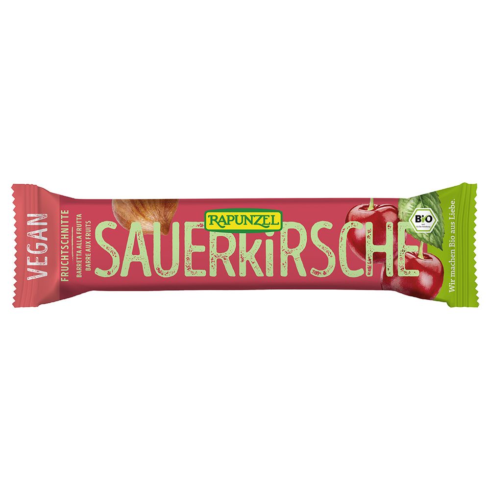 Emballage rouge "RAPUNZEL Sauerkirsche". Vegan, label bio. Image de cerises.