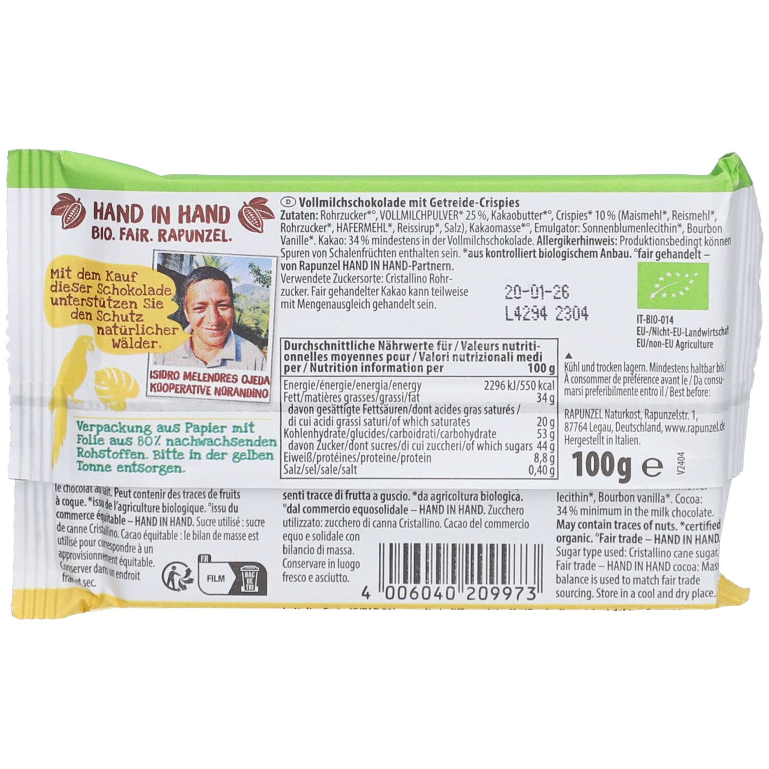 Dos de l'emballage de chocolat. Ingrédients, informations nutritionnelles, logo "HAND IN HAND", label bio, numéro de lot, date limite.