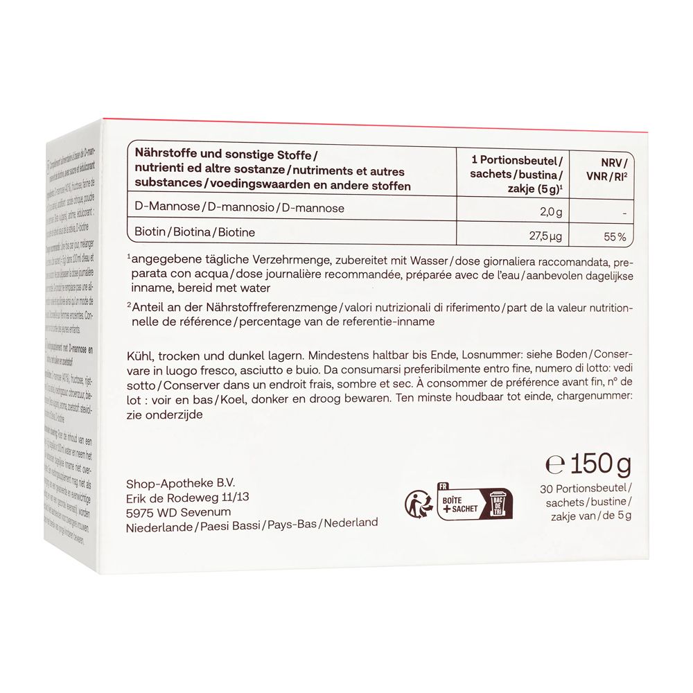 Dos de la boîte Redcare Fem D-Mannose. Tableau nutritionnel et texte.