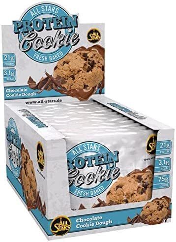 Boîte de All Stars® PROTEIN Cookie. Emballage bleu et blanc avec image de cookie et texte.