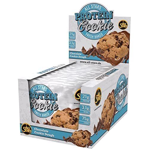 Boîte de All Stars® PROTEIN Cookies. Emballage bleu et blanc avec image de cookie et texte.