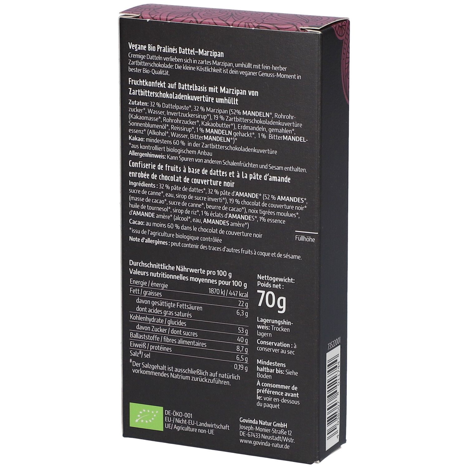 Dos de la boîte de Pralinés Bio vegan. Texte avec ingrédients et valeurs nutritionnelles. Logo bio.