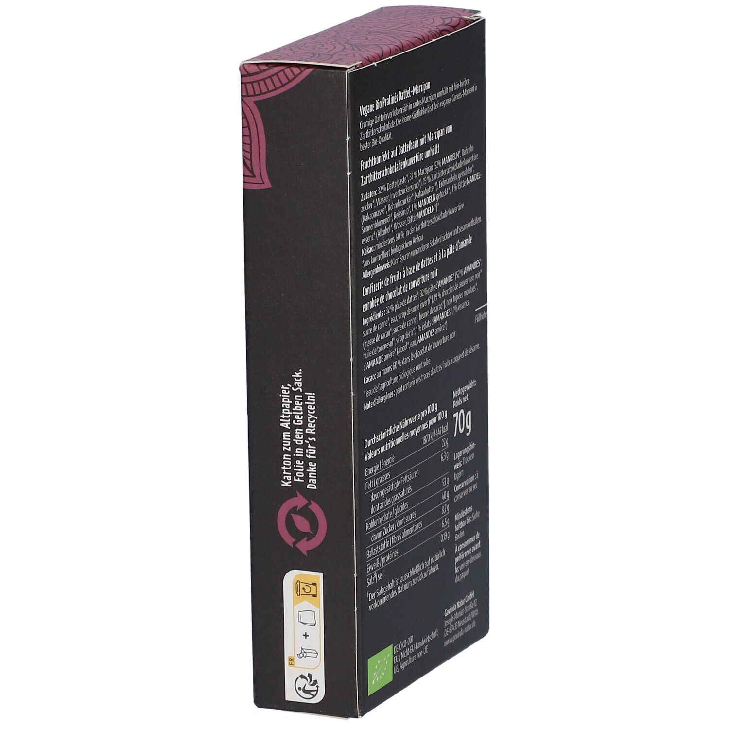 Vue latérale de la boîte de Pralinés Bio vegan. Texte avec consigne de recyclage. Logo bio.