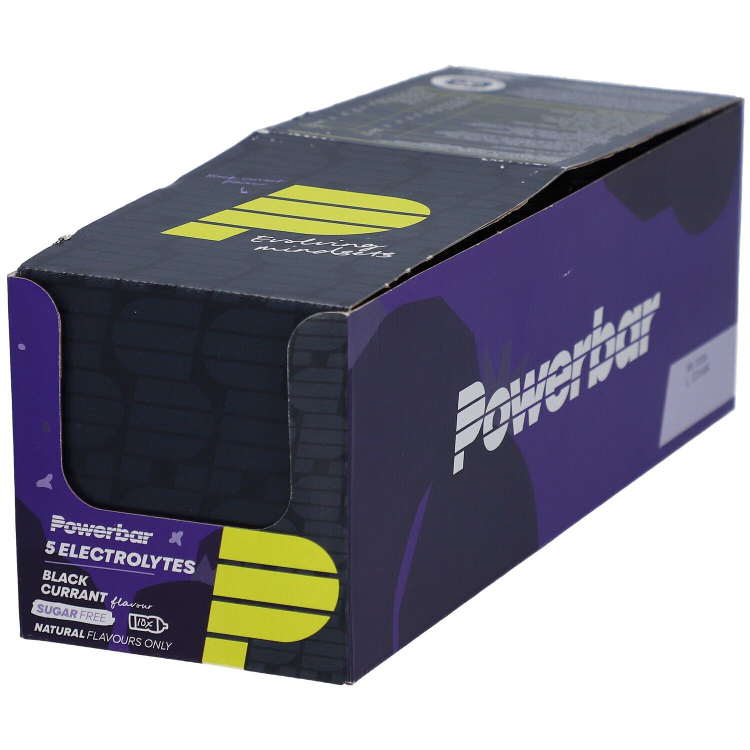 Boîte Powerbar 5 électrolytes, saveur cassis. Informations produit et logo sur l'emballage.