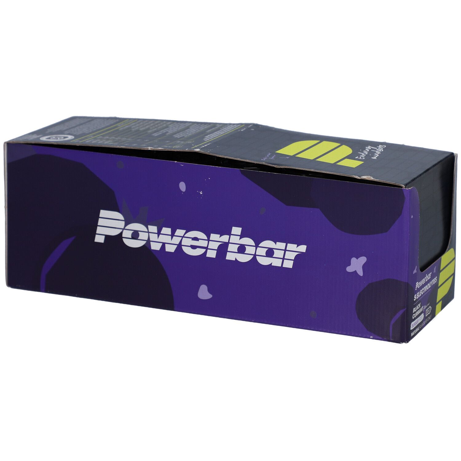 Boîte Powerbar avec logo et nom du produit. Couleurs violet et jaune. Boîte ouverte.