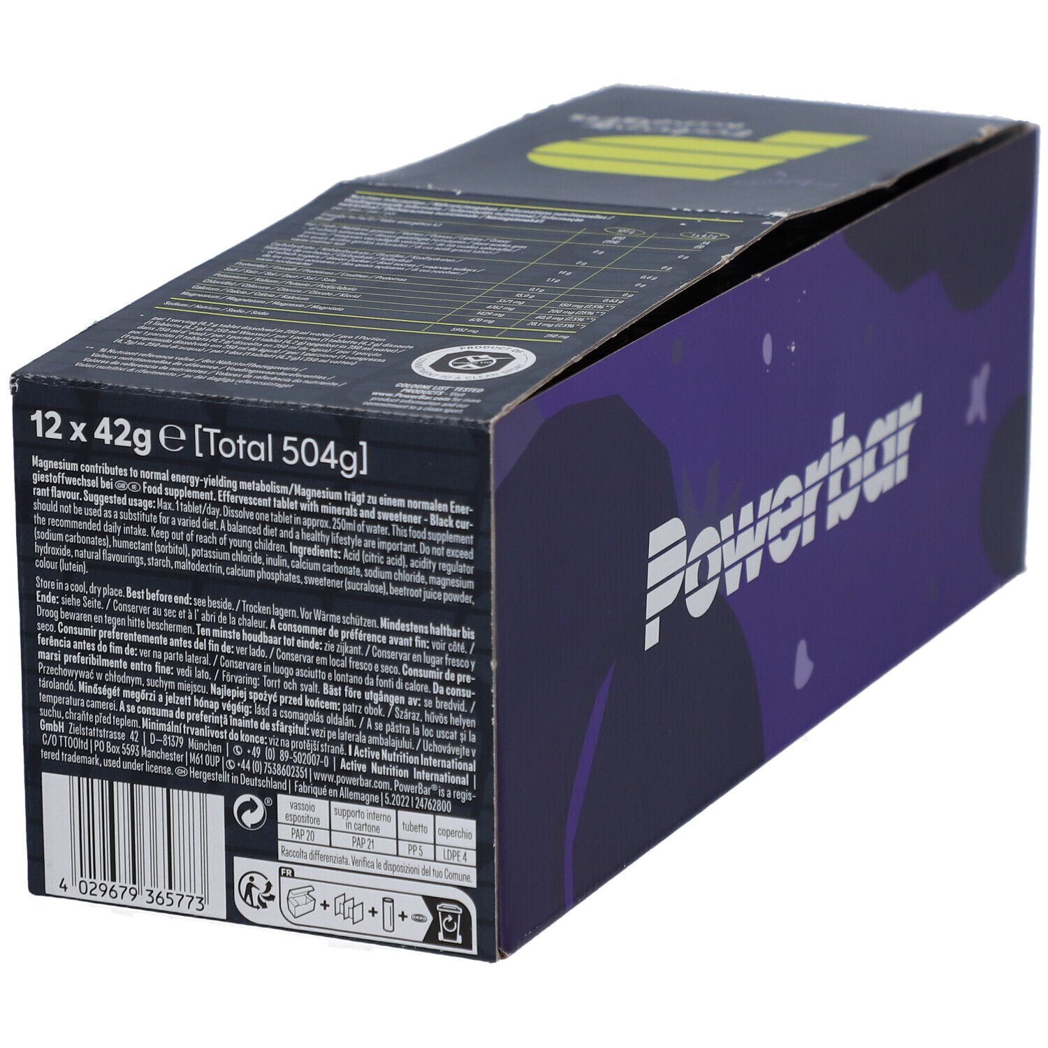 Dos de la boîte Powerbar. Informations produit, valeurs nutritionnelles et logo. 12 x 42g.