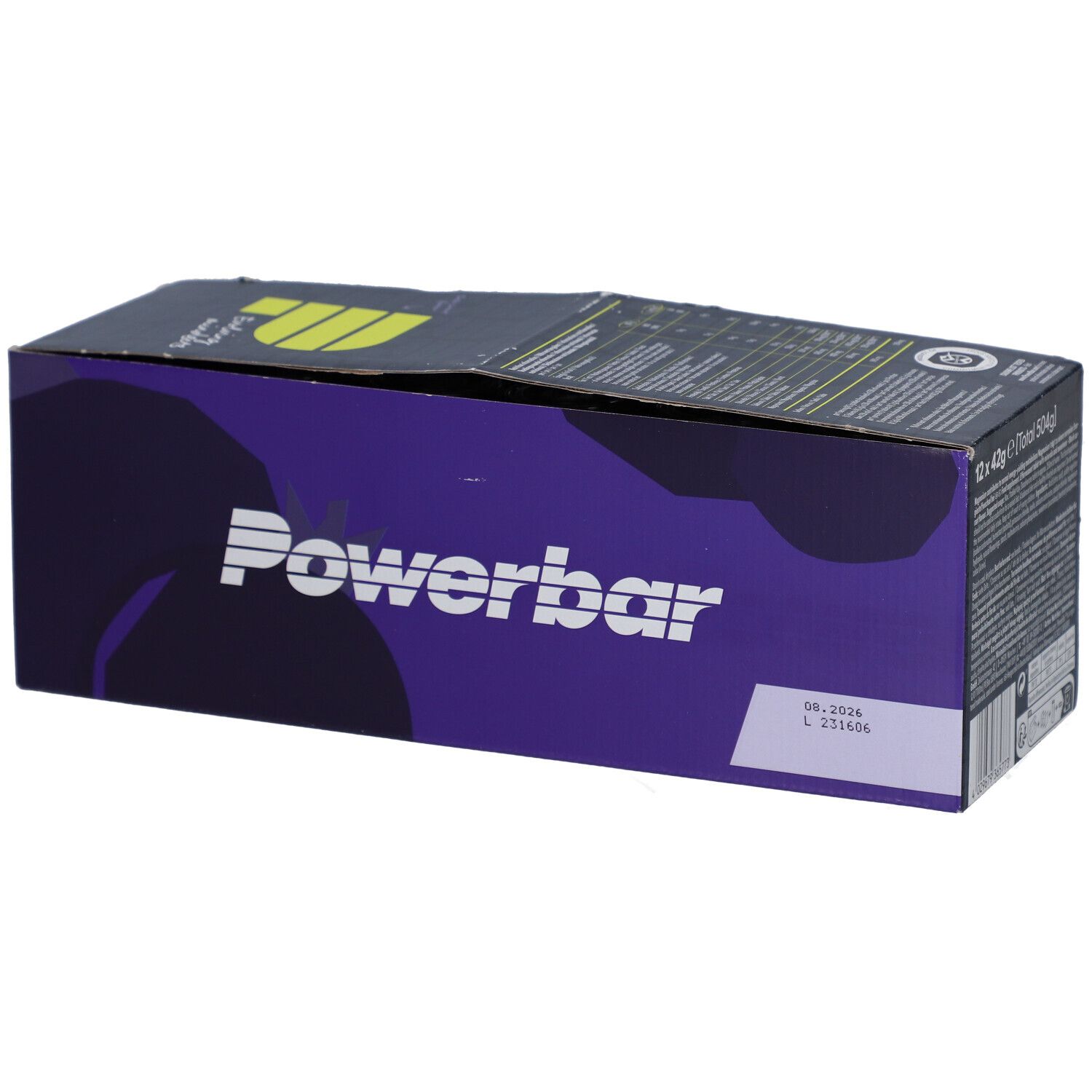 Boîte Powerbar avec logo et nom du produit. Informations produit et date de péremption.