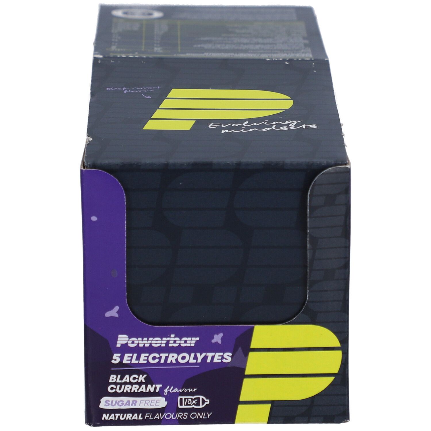 Boîte Powerbar 5 électrolytes, cassis. Boîte ouverte avec logo.