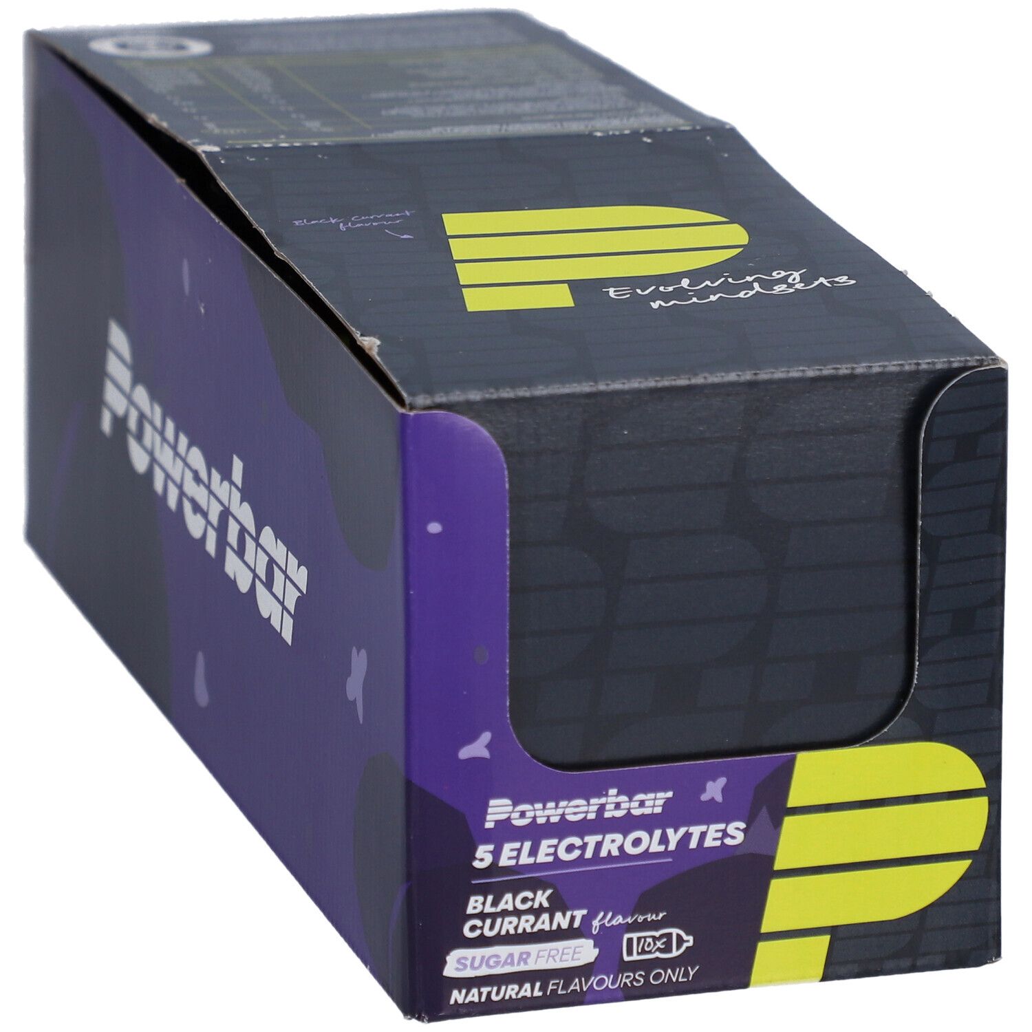 Boîte Powerbar 5 électrolytes, cassis. Boîte ouverte avec logo.