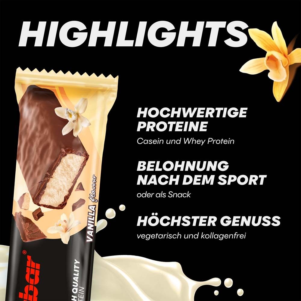 Gros plan sur une barre Powerbar Protein+. Texte : "VANILLA flavour". Des sections de texte mettent en évidence les protéines, les options de collation et le plaisir.