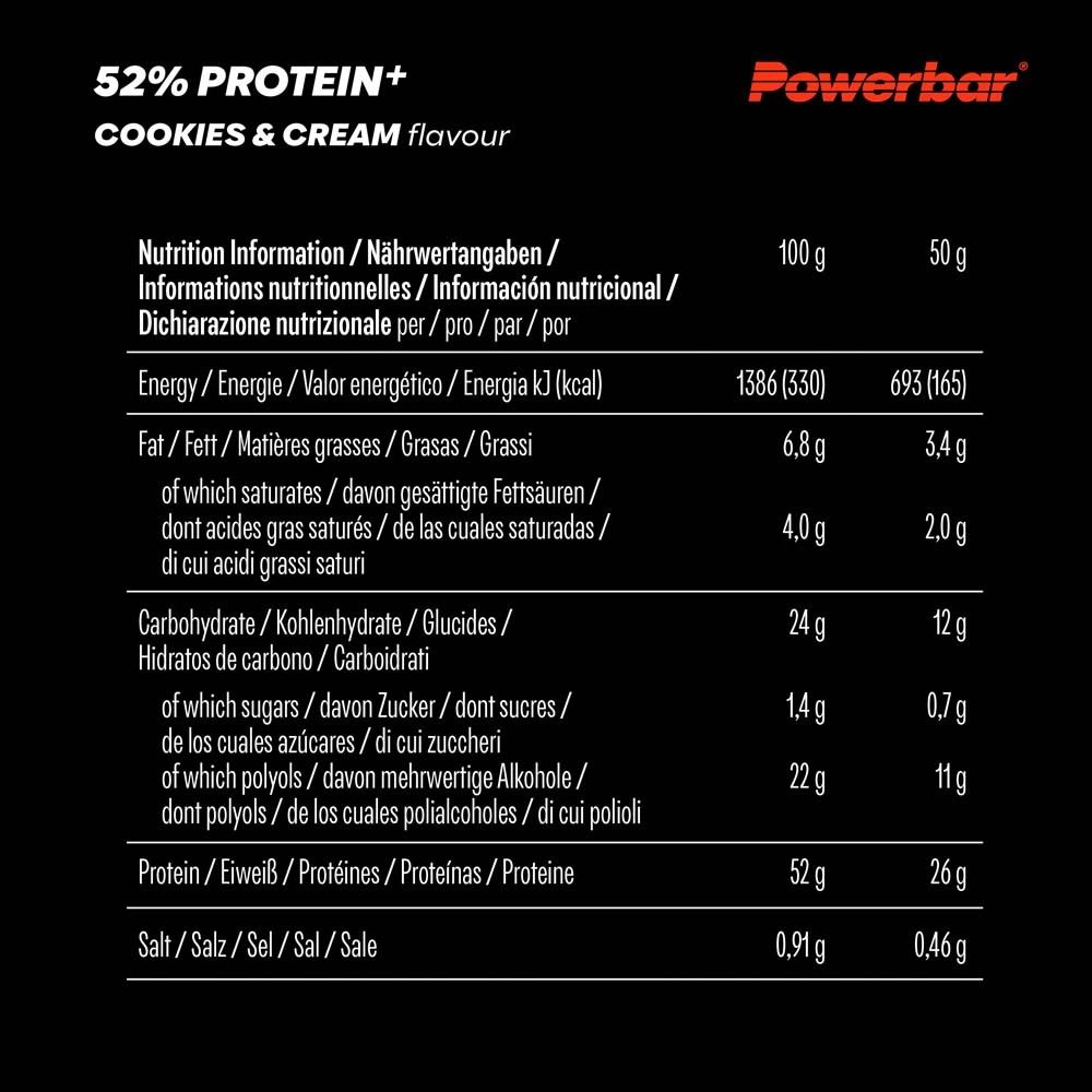 Tableau nutritionnel pour barre Powerbar 52% Protein Plus. Informations en plusieurs langues. Informations sur l'énergie, les graisses, les glucides, les protéines.