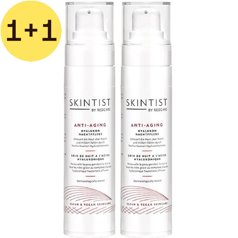 Deux flacons blancs avec pompe. Inscription: SKINTIST ANTI-AGING Hyaluron Nachtpflege.