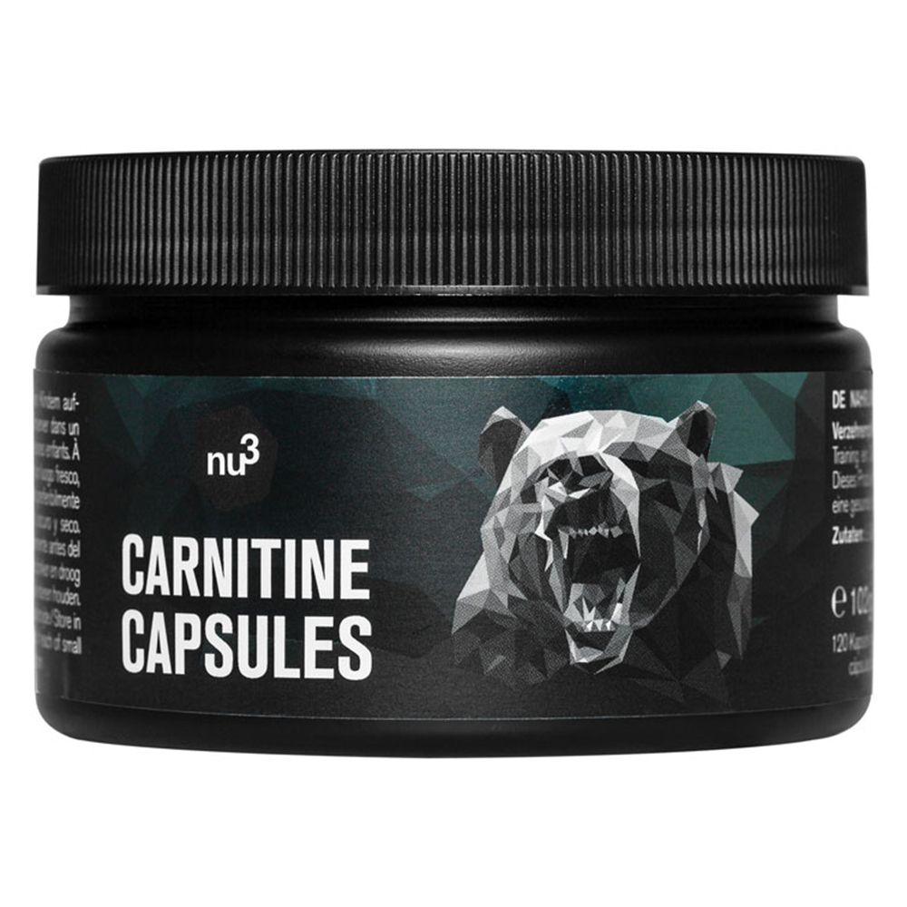 Pot noir avec "nu3 CARNITINE CAPSULES" et un ours graphique. Couvercle rainuré.