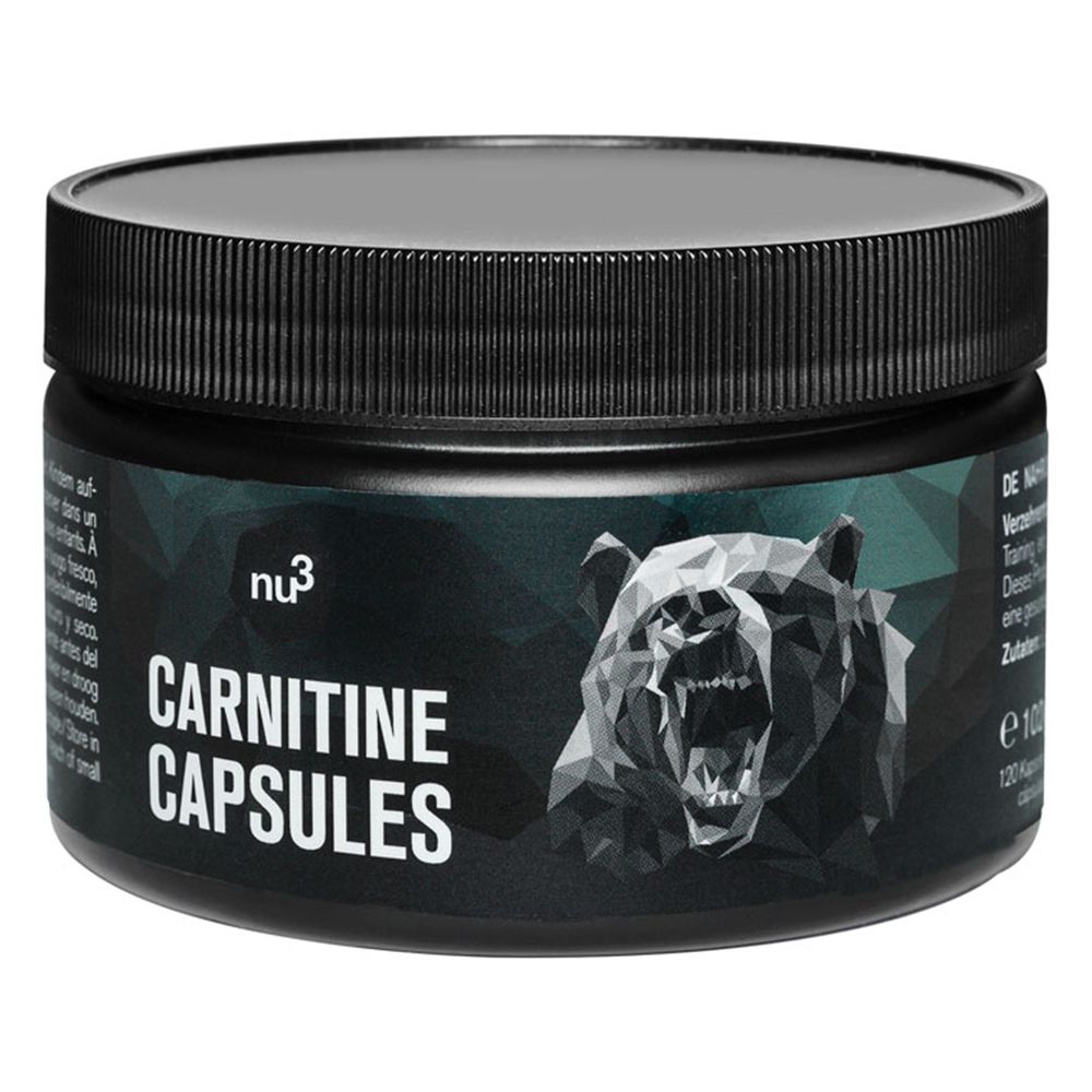 Pot noir avec "nu3 CARNITINE CAPSULES" et un ours graphique. Couvercle rainuré.