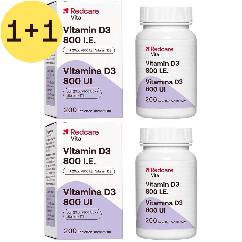 Pack de produit avec deux flacons et deux boîtes. Inscription: Redcare Vitamine D3 800 I.E.