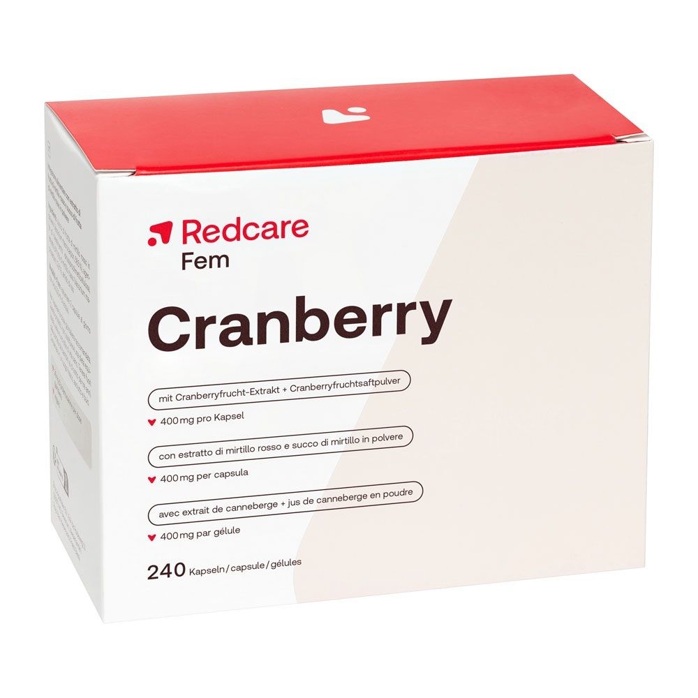 Paquet de Redcare Fem Cranberry de 240 gélules, 400mg par gélule.