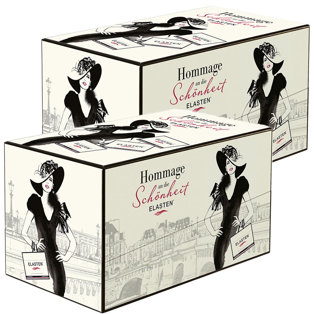 Deux boîtes avec illustration d'une femme au chapeau. Texte: Hommage an die Schönheit, ELASTEN.
