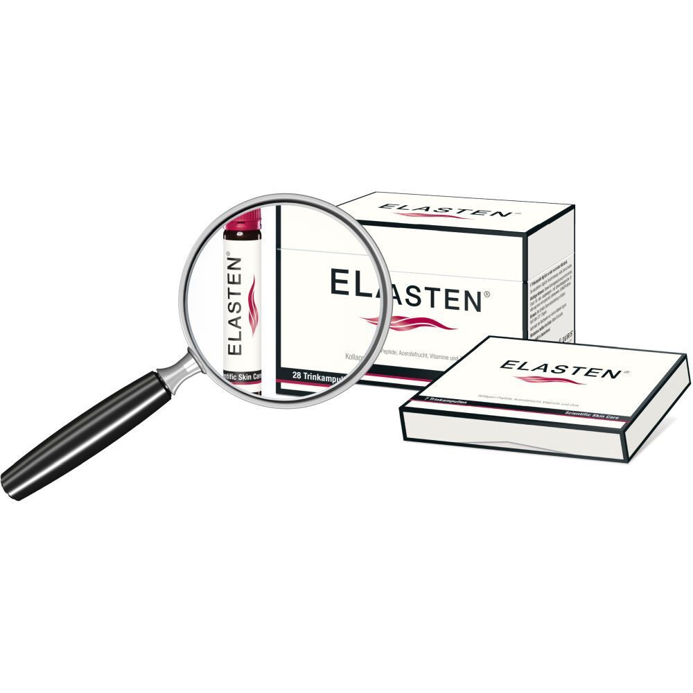 Emballage et ampoule sous une loupe. Texte: ELASTEN, 28 ampoules buvables.