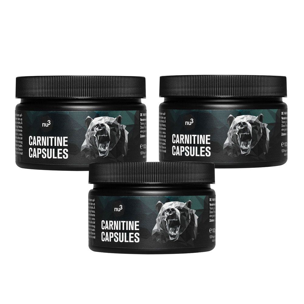 Trois pots noirs avec l'inscription "Carnitine Capsules" et un motif d'ours. Inscription "nu3".