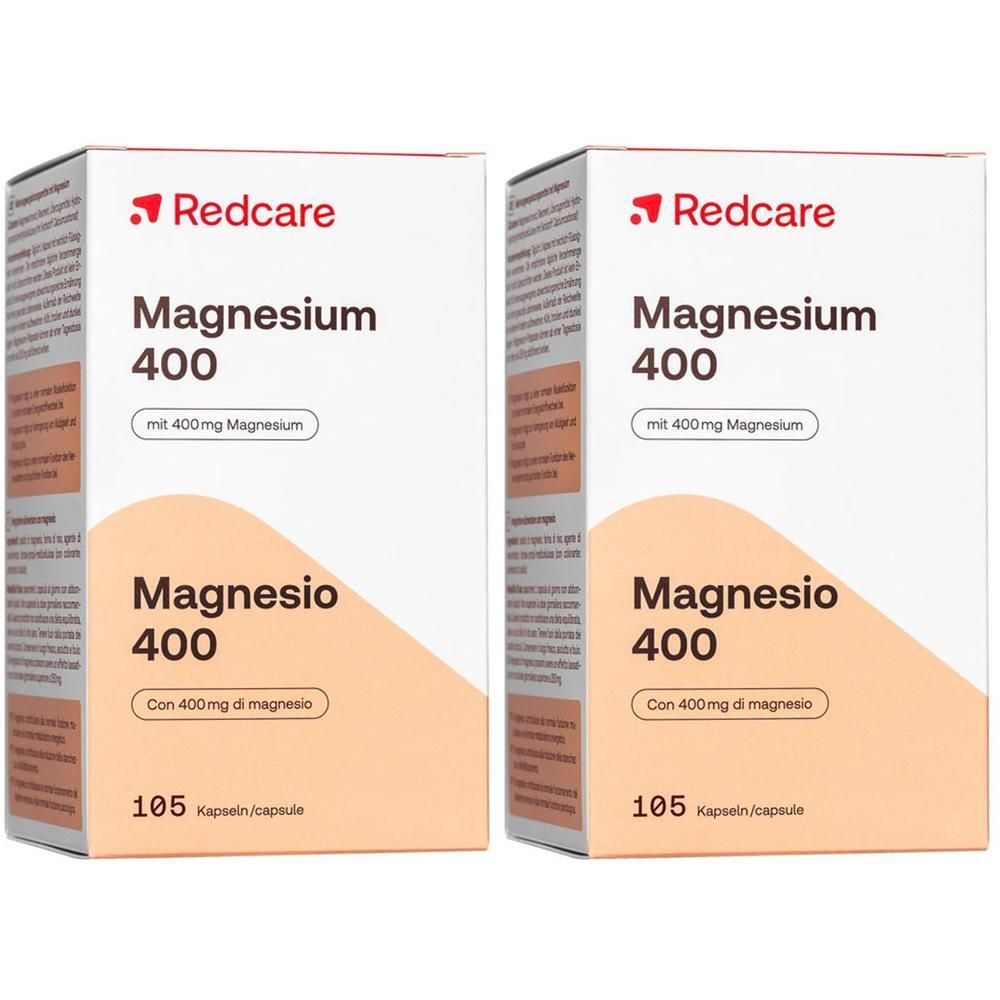 Deux boîtes de Redcare Magnesium 400. Inscription: Magnesium 400, 105 gélules. Avec autocollant 1+1.