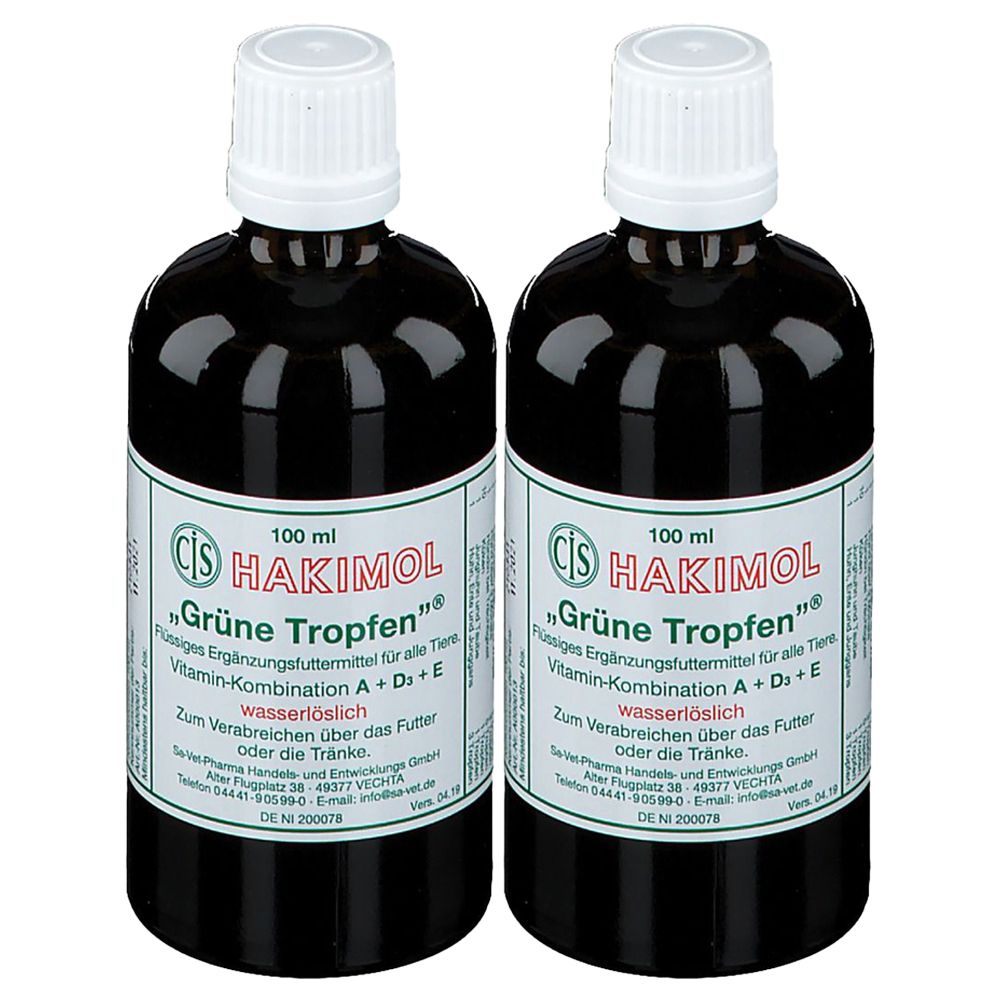 Deux flacons de liquide vert. Inscription : HAKIMOL « Grüne Tropfen ». Étiquette avec informations sur le produit et bouchon blanc.