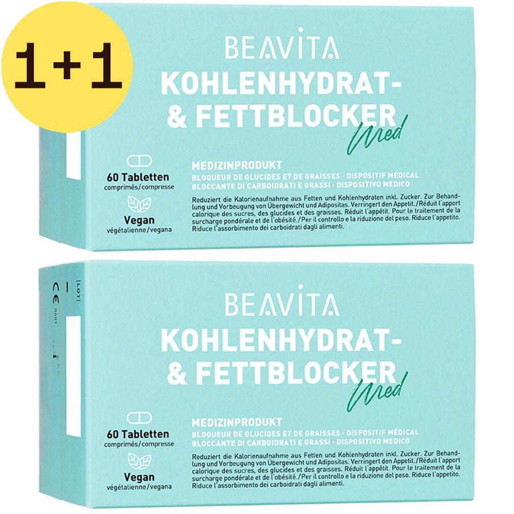 Deux boîtes de BEAVITA Kohlenhydrat- & Fettblocker. Boîtes bleu clair avec texte blanc et autocollant jaune 1+1.