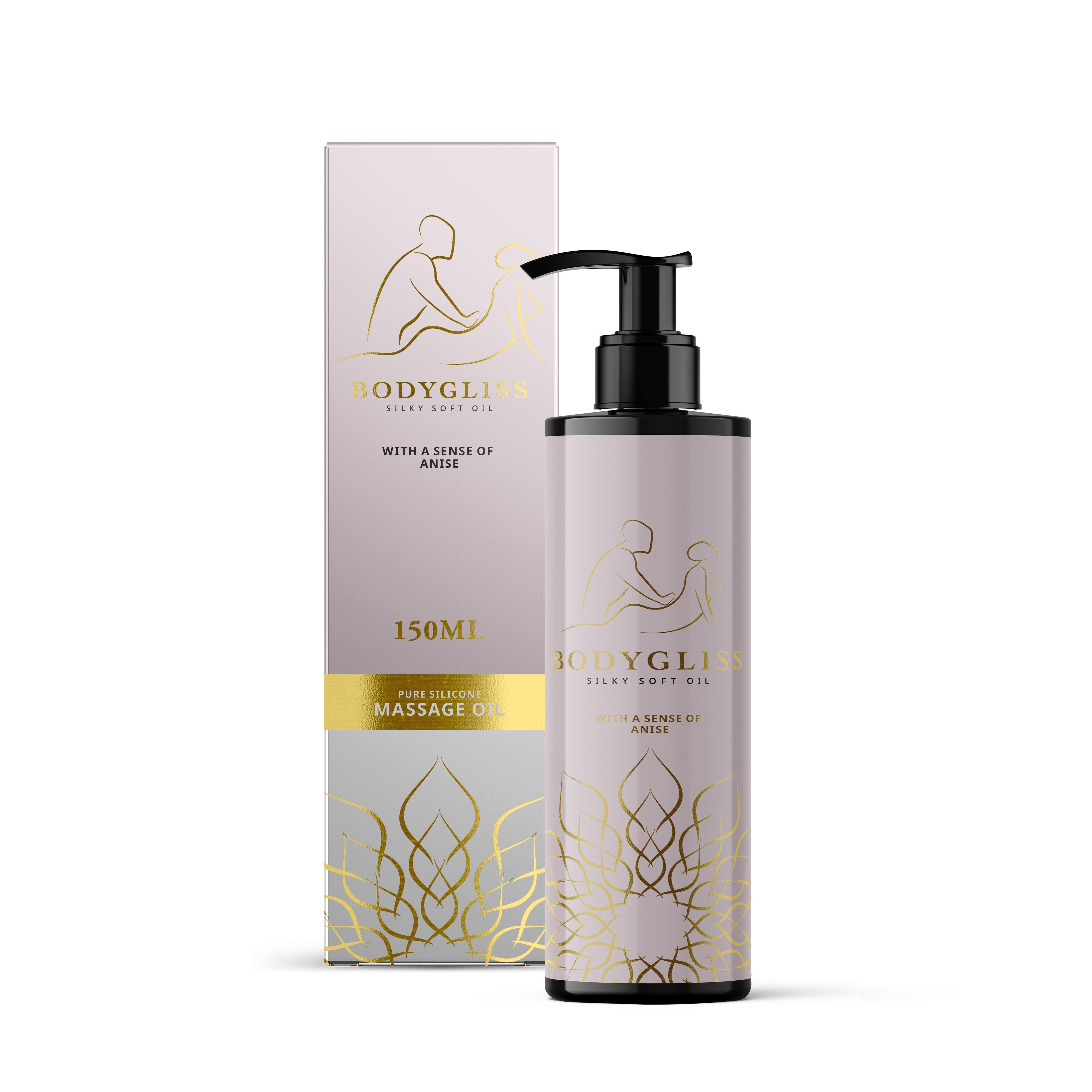 Flacon et emballage de BodyGliss Massageöl Anis. Flacon avec pompe noire. Emballage avec détails dorés.