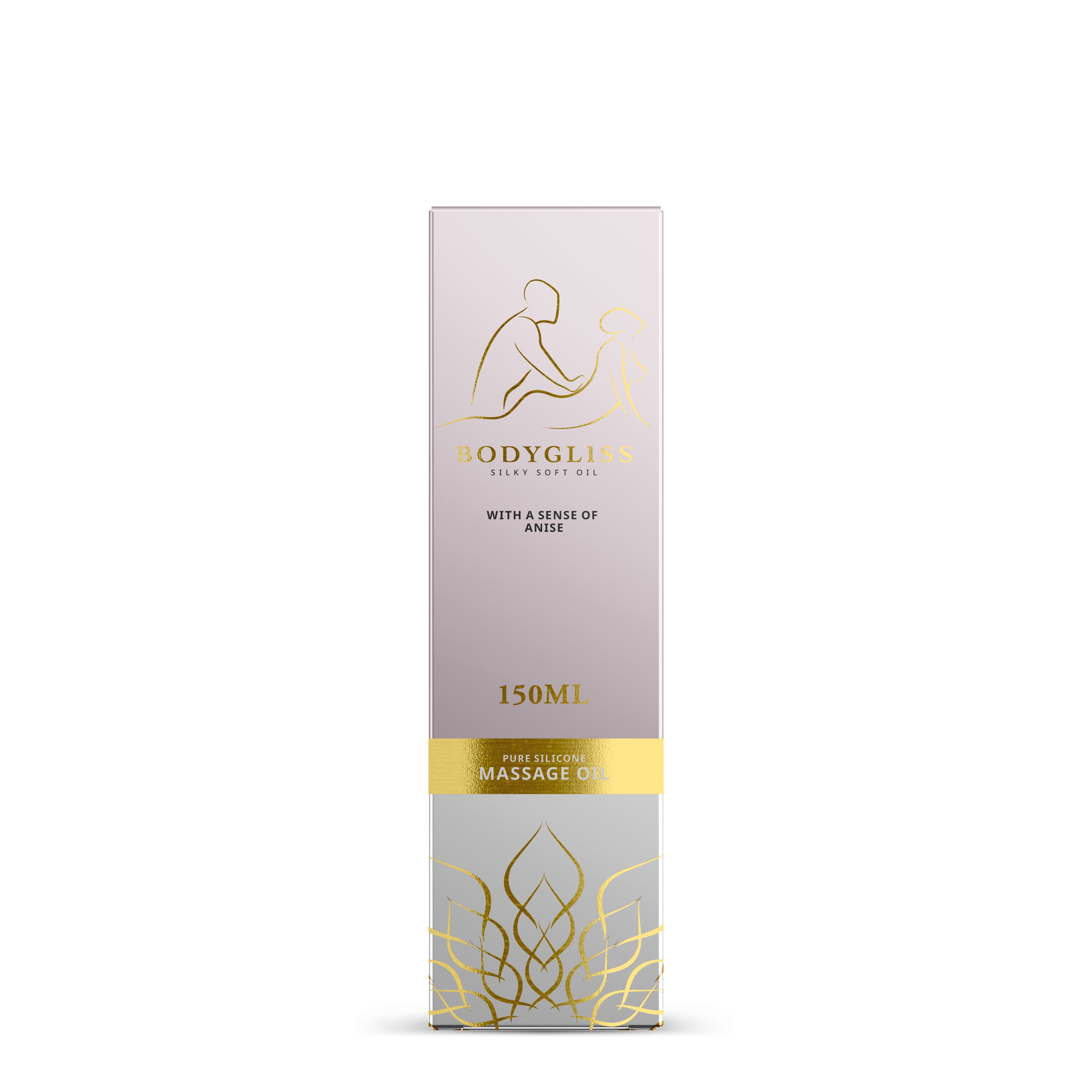 Emballage de BodyGliss Massageöl Anis. Emballage rectangulaire avec détails dorés et informations sur le produit.