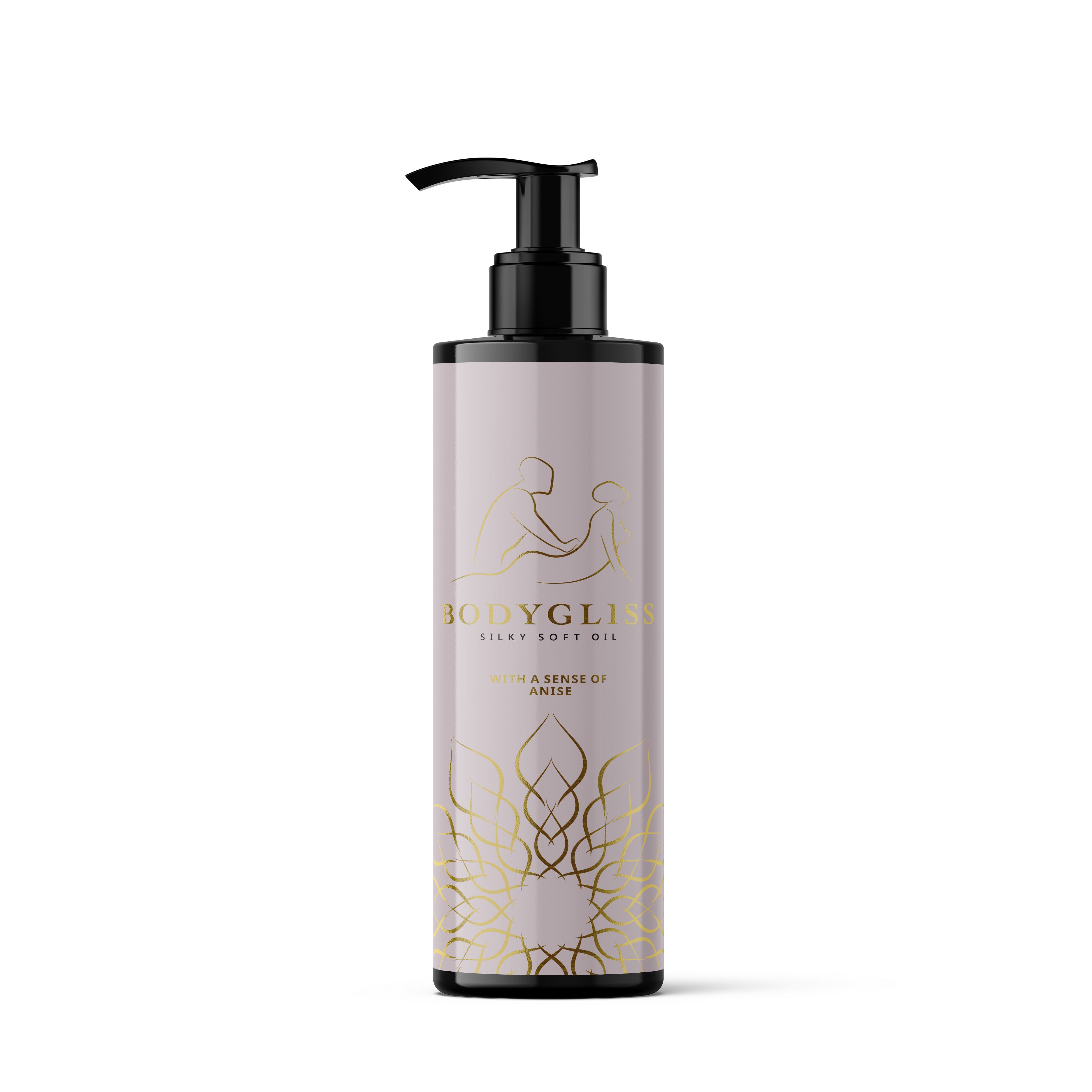 Flacon de BodyGliss Massageöl Anis. Flacon avec pompe noire. Informations sur le produit sur le flacon.